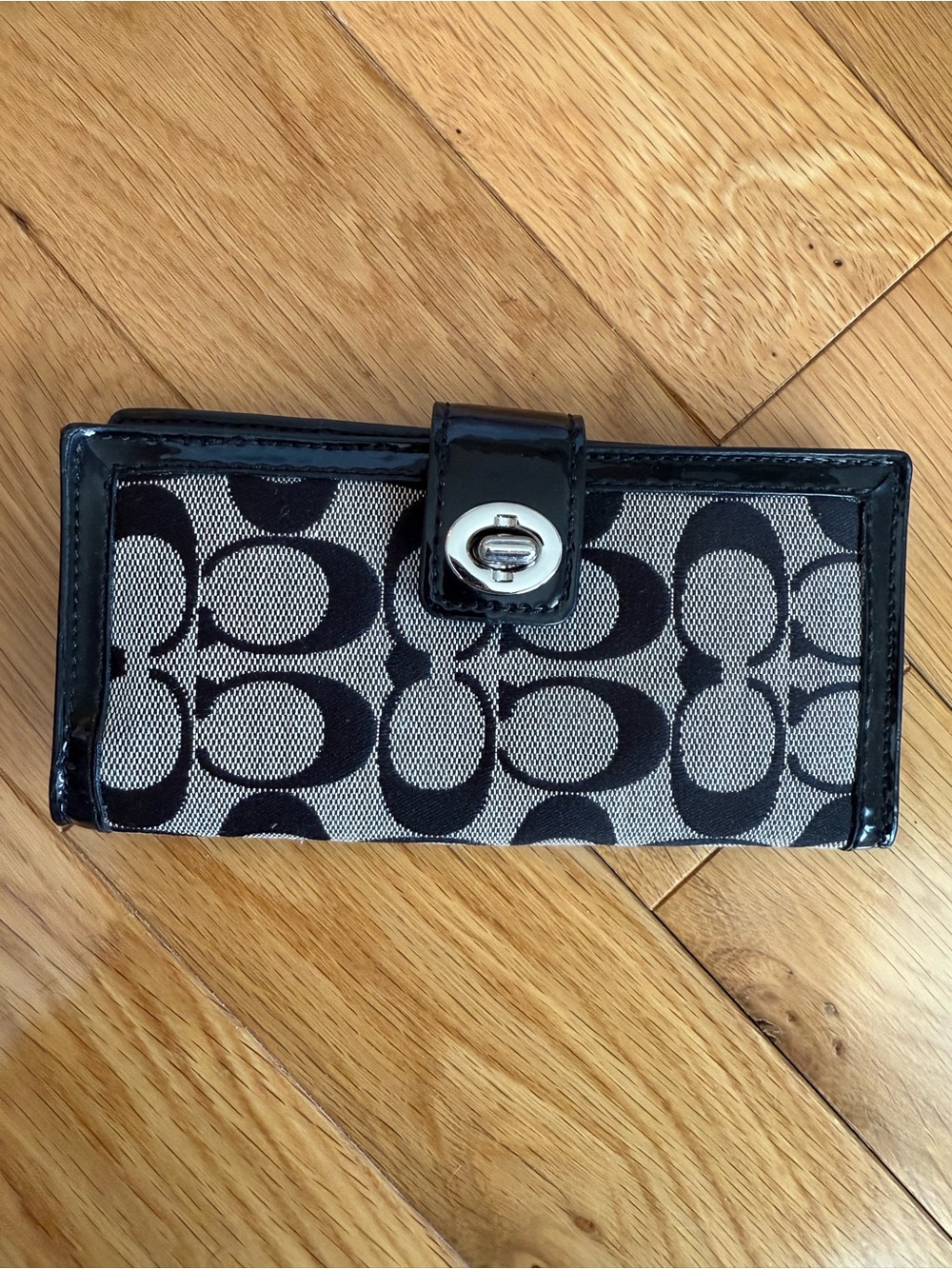 Coach Black Signature Canvas Wallet with Patent Trim